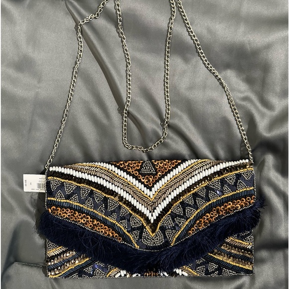 NWT - Sequin and Beads beautiful crossbody - Navy and Brown - Picture 7 of 10